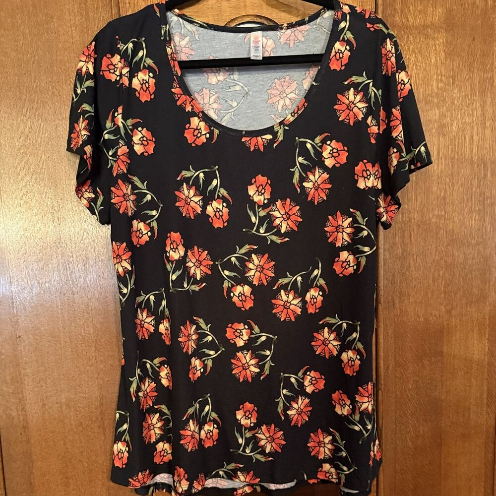 LuLaRoe Classic T size XL, Black background w/Orange Flowers/Sage green leaves